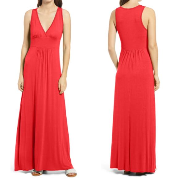 Loveappella | NWT Strawberry Pink Solid V-Neck Jersey Stretch Casual Maxi Dress - Picture 1 of 7